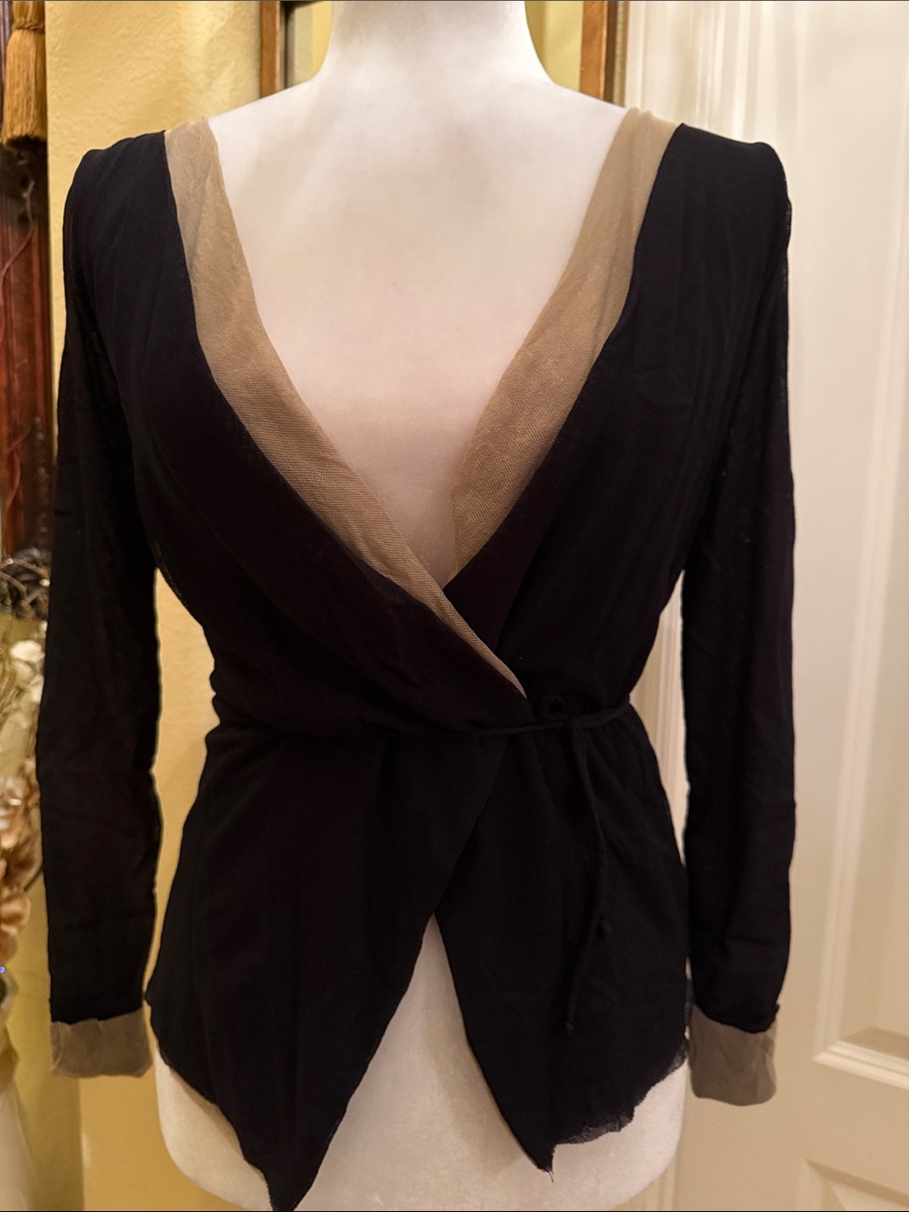 Extremely Rare Bebe Black & Nude Double Layer Mesh Front Wrap-TIe Top Medium NEW